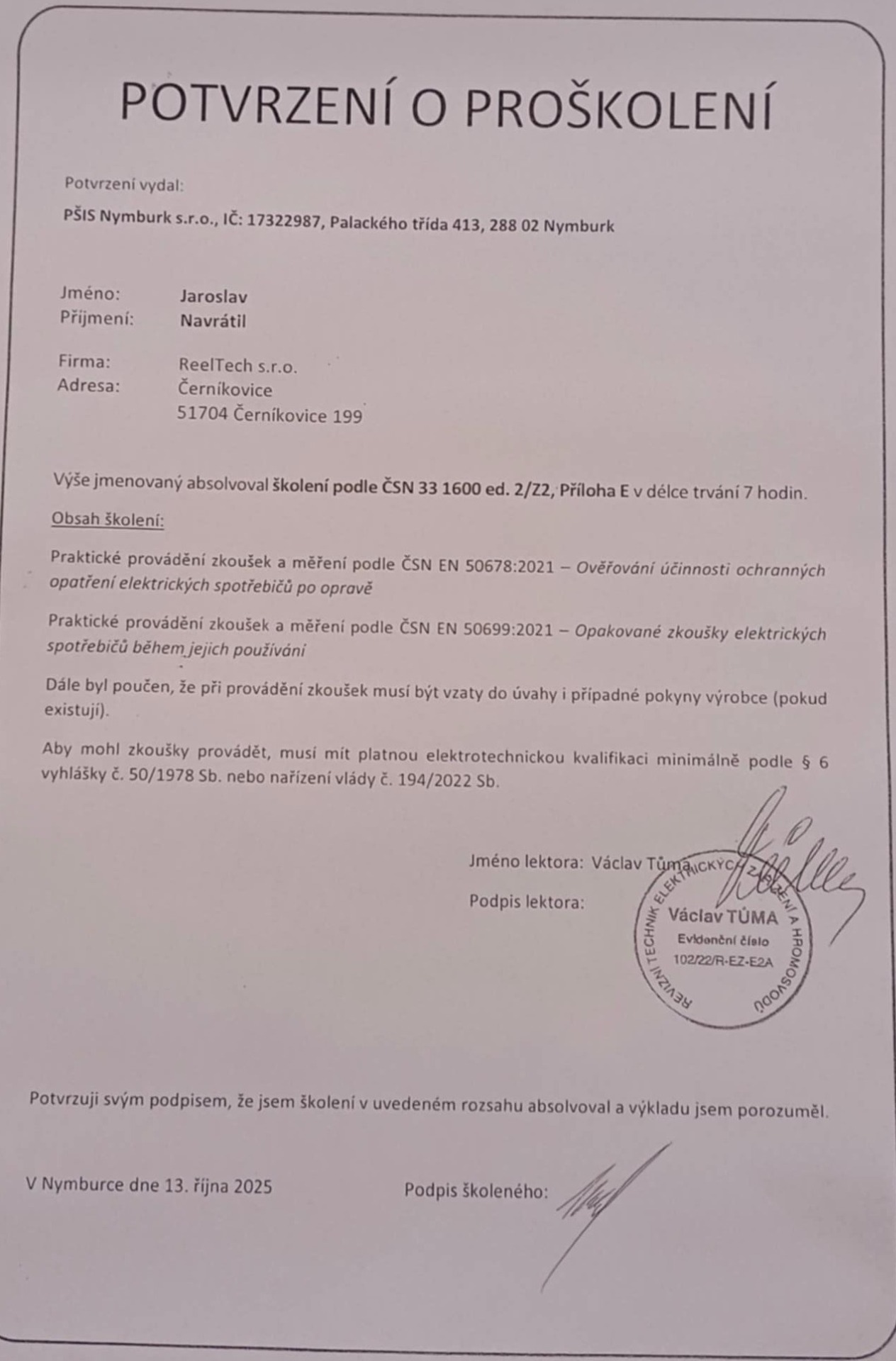 Potvrzení o proškolení - měření spotřebičů