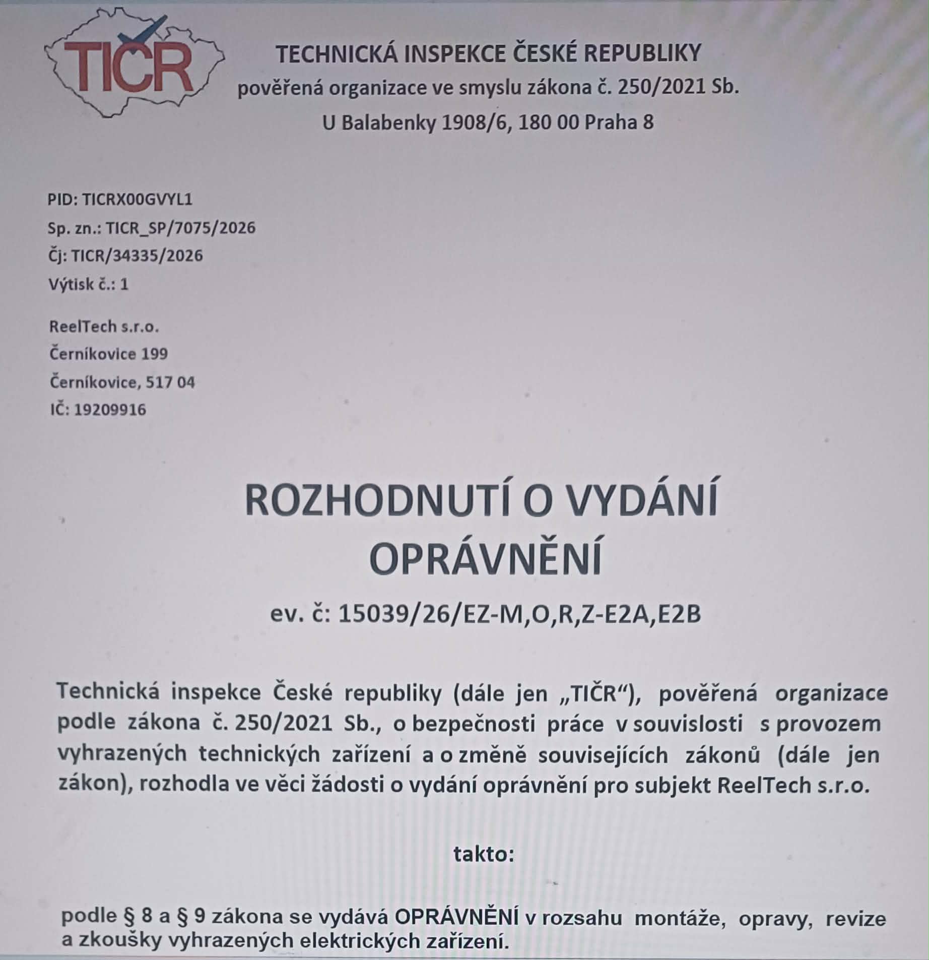 Rozhodnutí o vydání Oprávnění TIČR